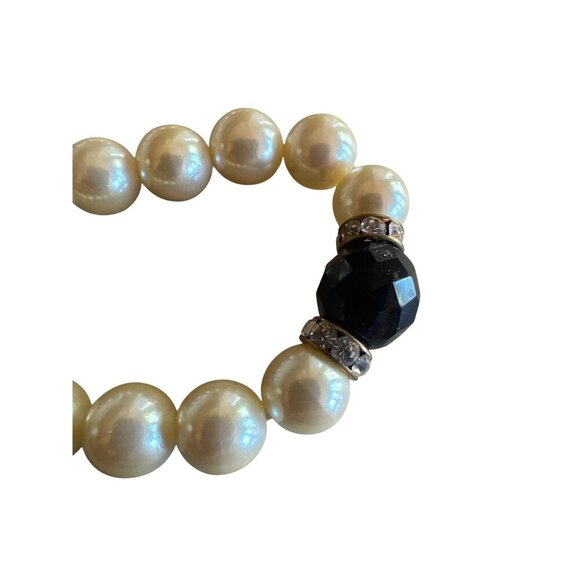 Vintage Carolee Faux Pearl Necklace With Black Beads & Rhinestone Accents Gold C - Picture 5 of 5